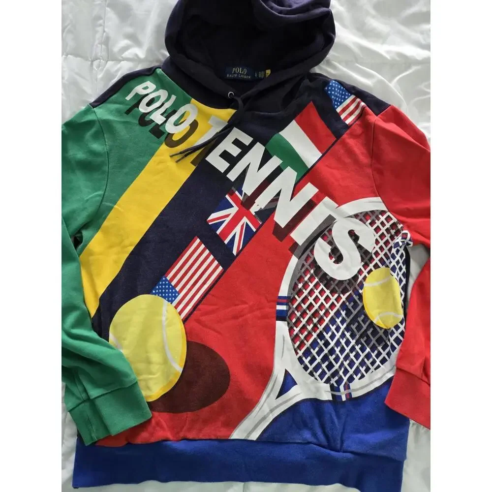 Polo Ralph Lauren USA Flag Tennis Graphic Hoodie Hi Tech Cp Pullover L - Picture 1 of 4